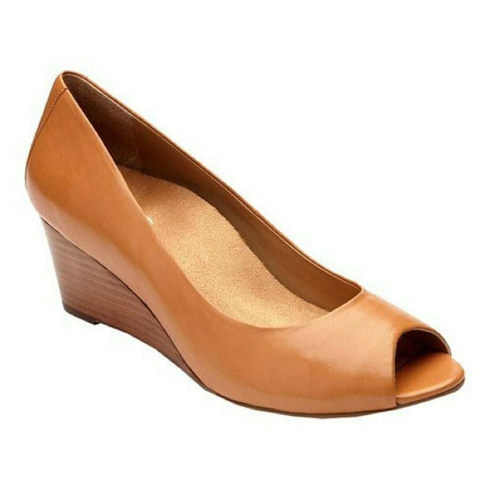 VIONIC 'BRIA' Leather Peep-Toe Wedge CARAMEL Sz. 8